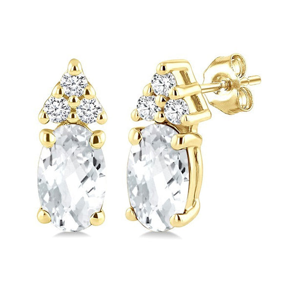 1/20 Ctw Oval Cut 5X3 MM White Topaz and Round Cut Diamond semi-precious Earrings in 10K Yellow Gold