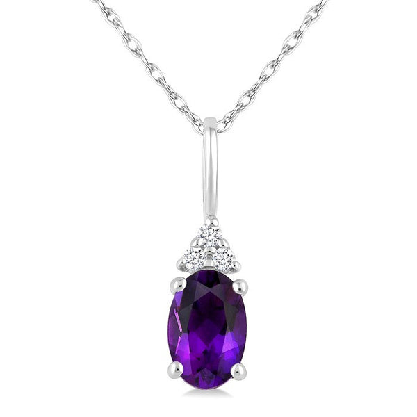 1/50 Ctw Oval Cut 6X4 MM Amethyst and Round Cut Diamond semi-precious Pendant With Chain in 10K White Gold