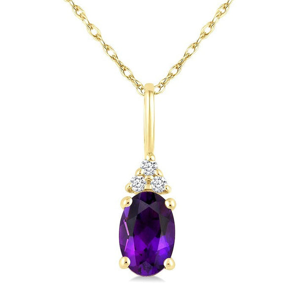 1/50 Ctw Oval Cut 6X4 MM Amethyst and Round Cut Diamond Semi Precious Pendant With Chain in 10K Yellow Gold