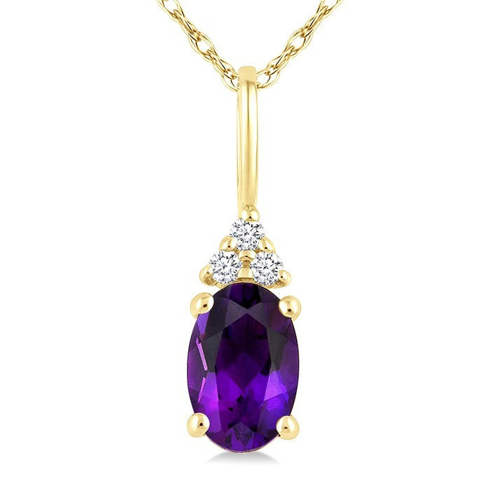 1/50 Ctw Oval Cut 6X4 MM Amethyst and Round Cut Diamond Semi Precious Pendant With Chain in 10K Yellow Gold