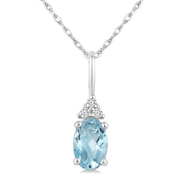 1/50 Ctw Oval Cut 6X4 MM Aquamarine and Round Cut Diamond semi-precious Pendant With Chain in 10K white Gold