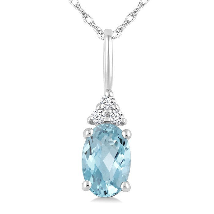 1/50 Ctw Oval Cut 6X4 MM Aquamarine and Round Cut Diamond semi-precious Pendant With Chain in 10K white Gold