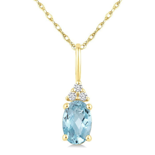 1/50 Ctw Oval Cut 6X4 MM Aquamarine and Round Cut Diamond semi-precious Pendant With Chain in 10K Yellow Gold