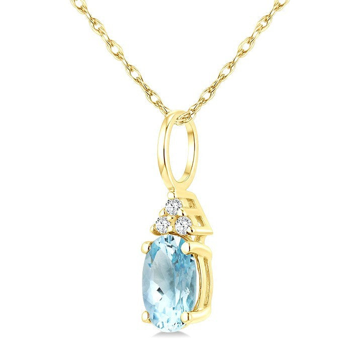 1/50 Ctw Oval Cut 6X4 MM Aquamarine and Round Cut Diamond semi-precious Pendant With Chain in 10K Yellow Gold