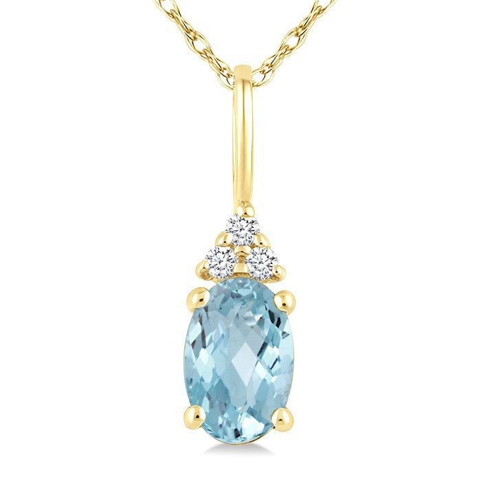 1/50 Ctw Oval Cut 6X4 MM Aquamarine and Round Cut Diamond semi-precious Pendant With Chain in 10K Yellow Gold