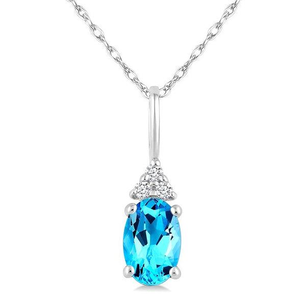 1/50 Ctw Oval Cut 6X4 MM Blue Topaz and Round Cut Diamond semi-precious Pendant With Chain in 10K White Gold