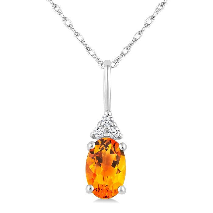 1/50 Ctw Oval Cut 6X4 MM Citrine and Round Cut Diamond semi-precious Pendant With Chain in 10K White Gold