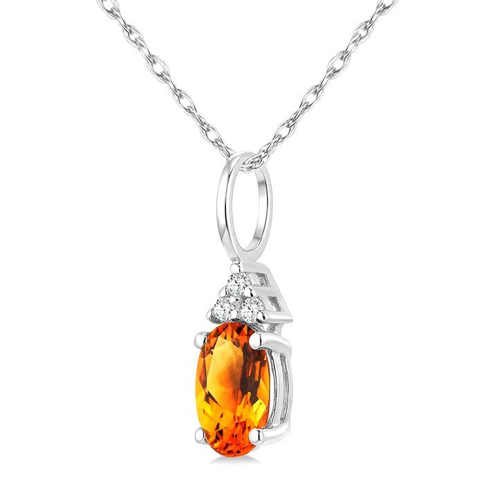 1/50 Ctw Oval Cut 6X4 MM Citrine and Round Cut Diamond semi-precious Pendant With Chain in 10K White Gold