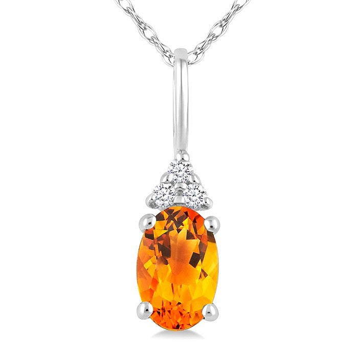 1/50 Ctw Oval Cut 6X4 MM Citrine and Round Cut Diamond semi-precious Pendant With Chain in 10K White Gold