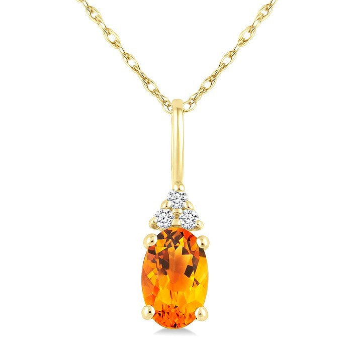 1/50 Ctw Oval Cut 6X4 MM Citrine and Round Cut Diamond semi-precious Pendant With Chain in 10K Yellow Gold