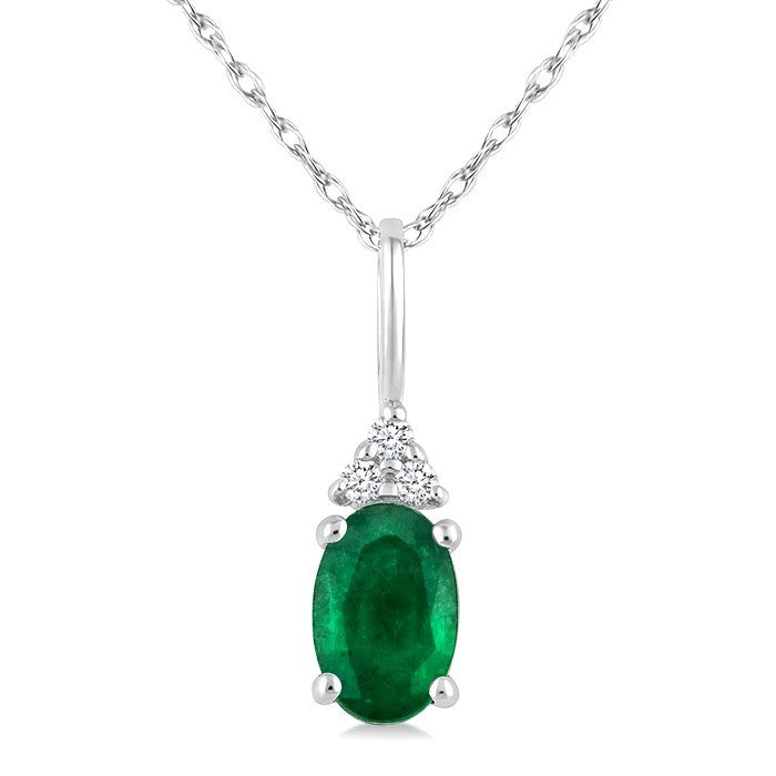 1/50 Ctw Oval Cut 6X4 MM Emerald and Round Cut Diamond Precious Pendant With Chain in 10K White Gold