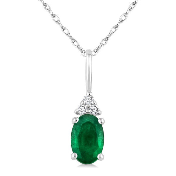 1/50 Ctw Oval Cut 6X4 MM Emerald and Round Cut Diamond Precious Pendant With Chain in 10K White Gold
