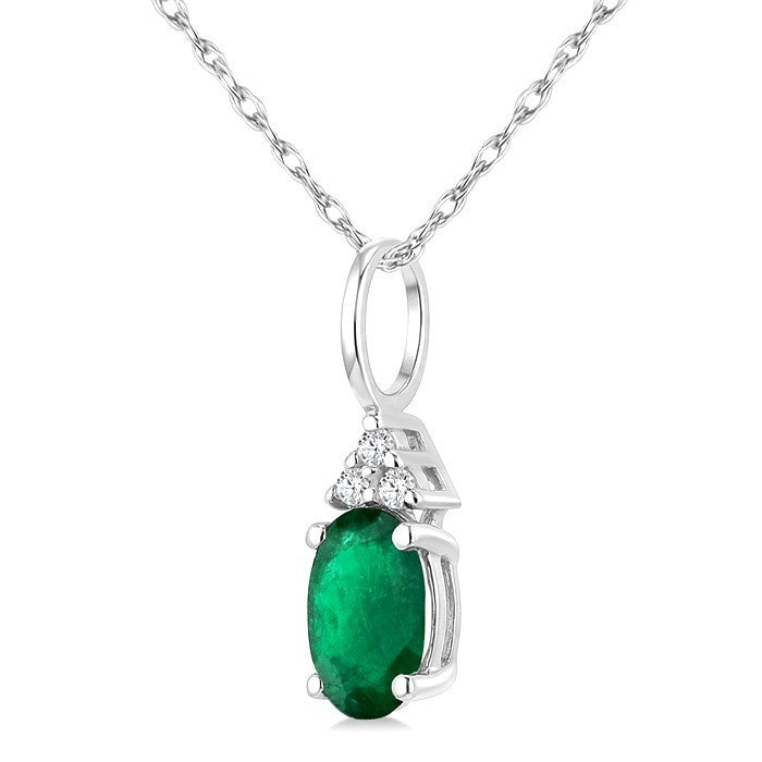 1/50 Ctw Oval Cut 6X4 MM Emerald and Round Cut Diamond Precious Pendant With Chain in 10K White Gold