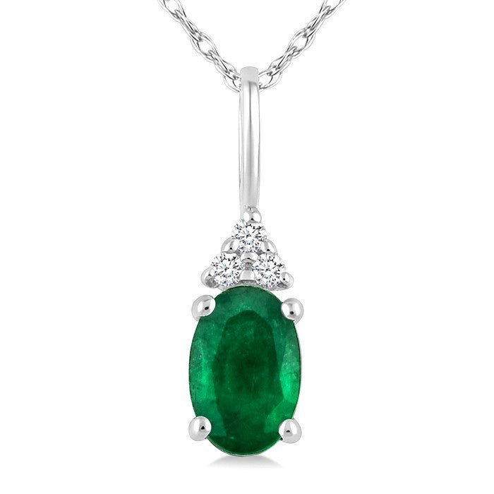 1/50 Ctw Oval Cut 6X4 MM Emerald and Round Cut Diamond Precious Pendant With Chain in 10K White Gold