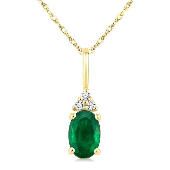 1/50 Ctw Oval Cut 6X4 MM Emerald and Round Cut Diamond Precious Pendant With Chain in 10K Yellow Gold