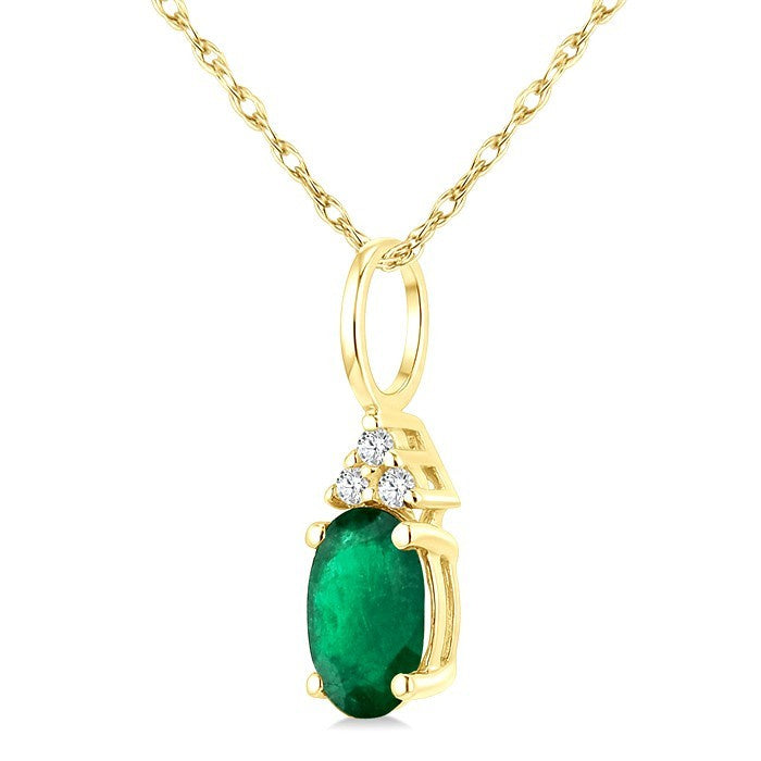 1/50 Ctw Oval Cut 6X4 MM Emerald and Round Cut Diamond Precious Pendant With Chain in 10K Yellow Gold