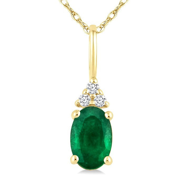 1/50 Ctw Oval Cut 6X4 MM Emerald and Round Cut Diamond Precious Pendant With Chain in 10K Yellow Gold
