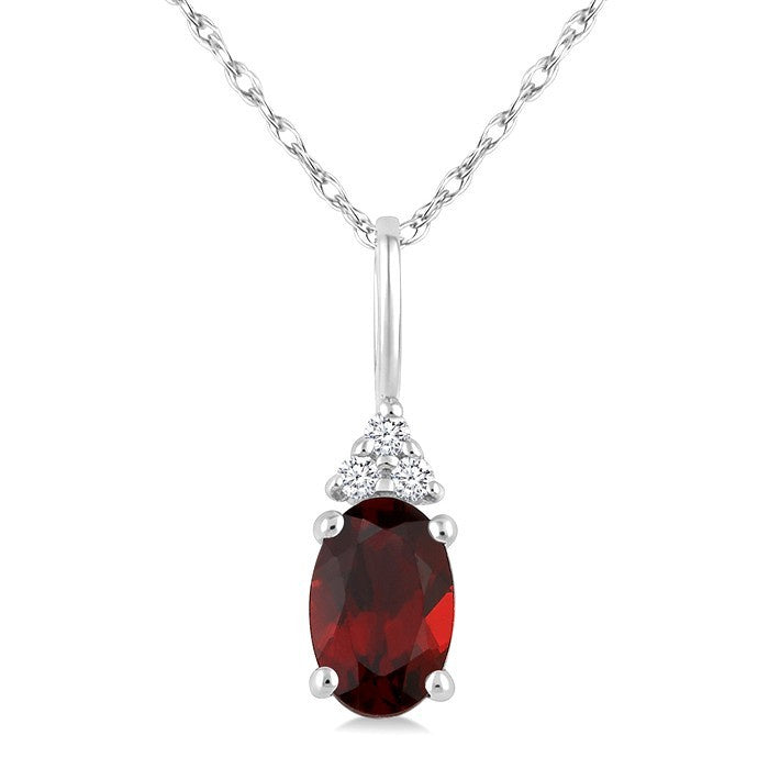 1/50 Ctw Oval Cut 6X4 MM Garnet and Round Cut Diamond Semi-Precious Pendant With Chain in 10K White Gold