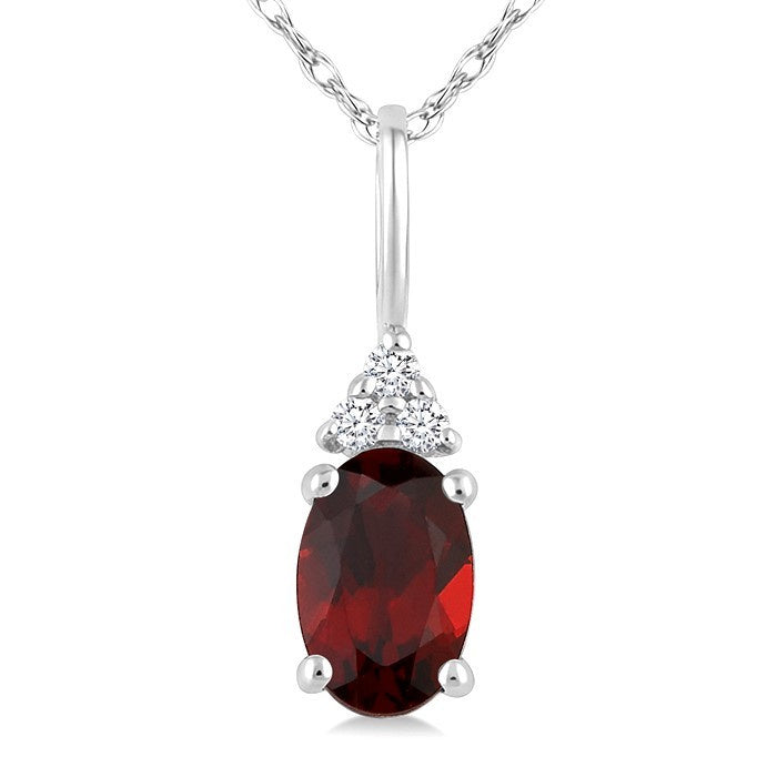 1/50 Ctw Oval Cut 6X4 MM Garnet and Round Cut Diamond Semi-Precious Pendant With Chain in 10K White Gold