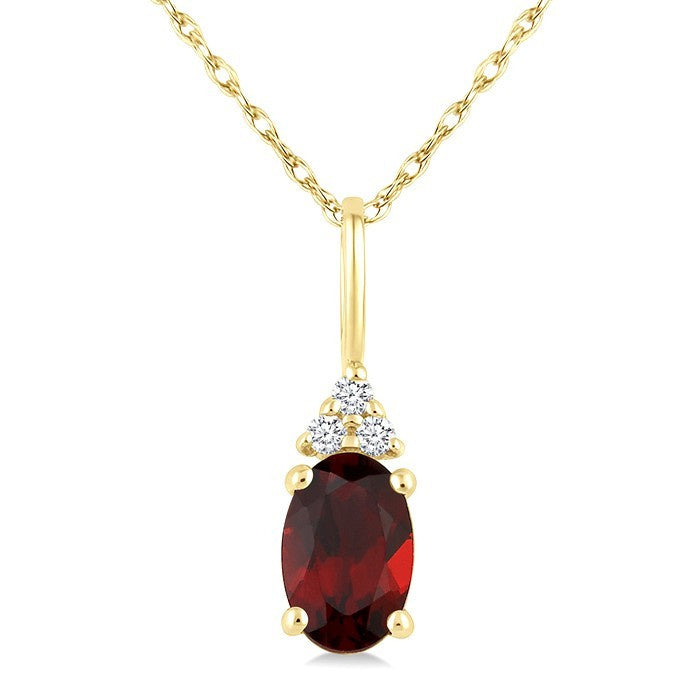 1/50 Ctw Oval Cut 6X4 MM Garnet and Round Cut Diamond Semi-Precious Pendant With Chain in 10K Yellow Gold