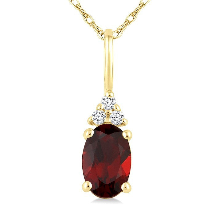 1/50 Ctw Oval Cut 6X4 MM Garnet and Round Cut Diamond Semi-Precious Pendant With Chain in 10K Yellow Gold
