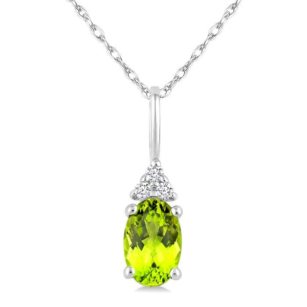 1/50 Ctw Oval Cut 6X4 MM Peridot and Round Cut Diamond Semi-Precious Pendant With Chain in 10K White Gold