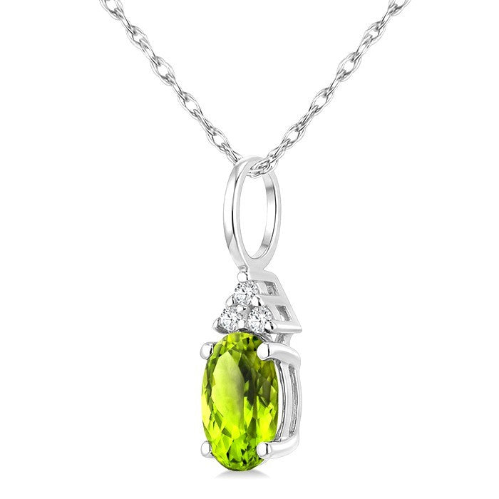 1/50 Ctw Oval Cut 6X4 MM Peridot and Round Cut Diamond Semi-Precious Pendant With Chain in 10K White Gold