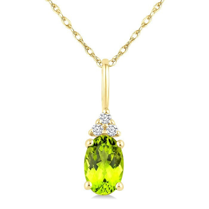 1/50 Ctw Oval Cut 6X4 MM Peridot and Round Cut Diamond Semi-Precious Pendant With Chain in 10K Yellow Gold