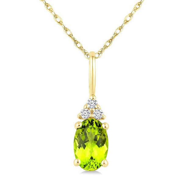 1/50 Ctw Oval Cut 6X4 MM Peridot and Round Cut Diamond Semi-Precious Pendant With Chain in 10K Yellow Gold