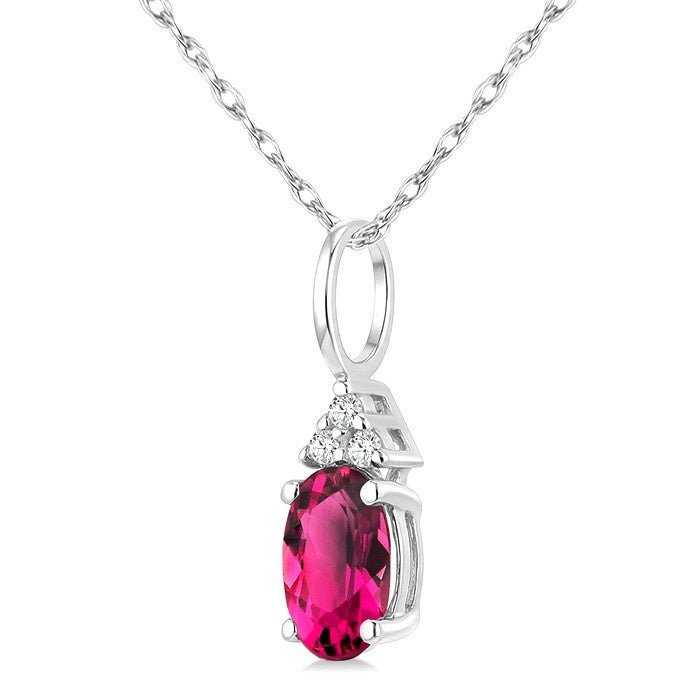 1/50 Ctw Oval Cut 6X4 MM Pink Tourmaline and Round Cut Diamond Semi-Precious Pendant With Chain in 10K White Gold