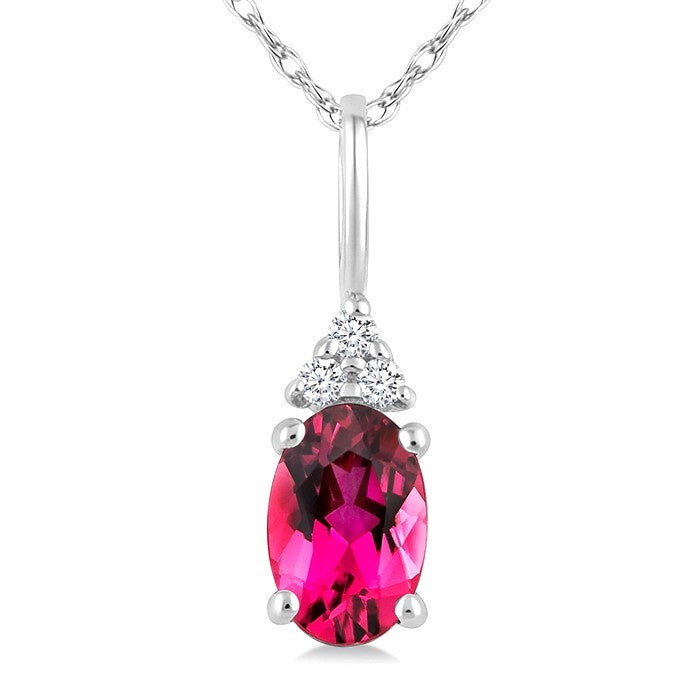 1/50 Ctw Oval Cut 6X4 MM Pink Tourmaline and Round Cut Diamond Semi-Precious Pendant With Chain in 10K White Gold