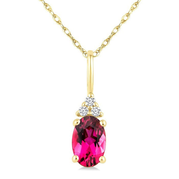 1/50 Ctw Oval Cut 6X4 MM Pink Tourmaline and Round Cut Diamond Semi-Precious Pendant With Chain in 10K Yellow Gold