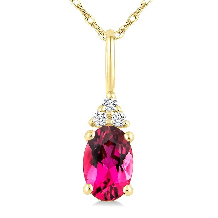 1/50 Ctw Oval Cut 6X4 MM Pink Tourmaline and Round Cut Diamond Semi-Precious Pendant With Chain in 10K Yellow Gold