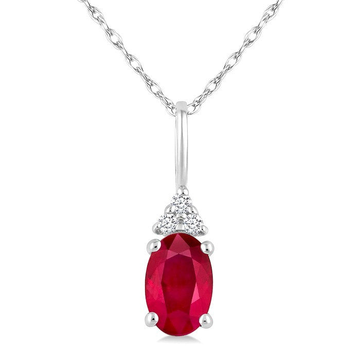 1/50 Ctw Oval Cut 6X4 MM Ruby and Round Cut Diamond Precious Pendant With Chain in 10K White Gold