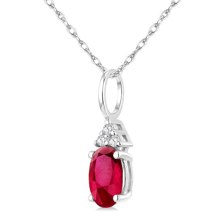 1/50 Ctw Oval Cut 6X4 MM Ruby and Round Cut Diamond Precious Pendant With Chain in 10K White Gold