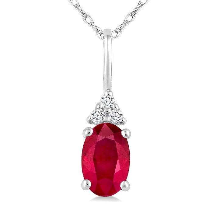 1/50 Ctw Oval Cut 6X4 MM Ruby and Round Cut Diamond Precious Pendant With Chain in 10K White Gold