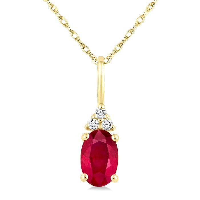 1/50 Ctw Oval Cut 6X4 MM Ruby and Round Cut Diamond Precious Pendant With Chain in 10K Yellow Gold