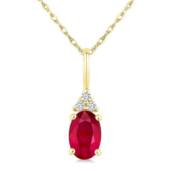 1/50 Ctw Oval Cut 6X4 MM Ruby and Round Cut Diamond Precious Pendant With Chain in 10K Yellow Gold