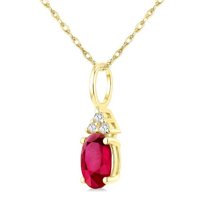 1/50 Ctw Oval Cut 6X4 MM Ruby and Round Cut Diamond Precious Pendant With Chain in 10K Yellow Gold