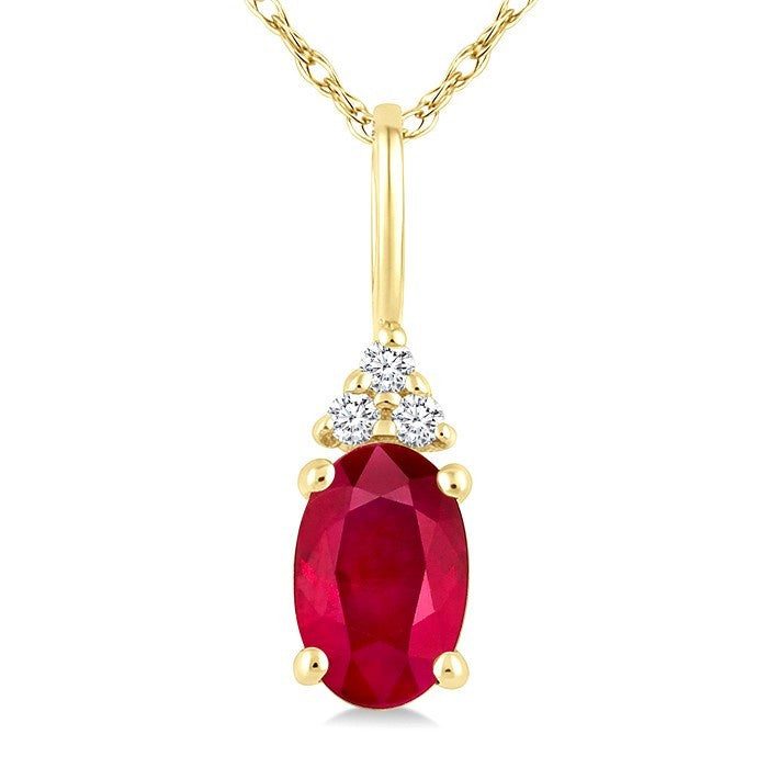 1/50 Ctw Oval Cut 6X4 MM Ruby and Round Cut Diamond Precious Pendant With Chain in 10K Yellow Gold