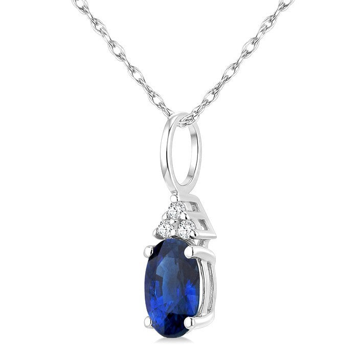 1/50 Ctw Oval Cut 6X4 MM Sapphire and Round Cut Diamond Precious Pendant With Chain in 10K White Gold
