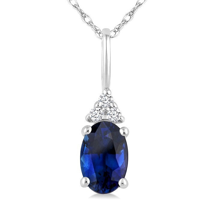 1/50 Ctw Oval Cut 6X4 MM Sapphire and Round Cut Diamond Precious Pendant With Chain in 10K White Gold