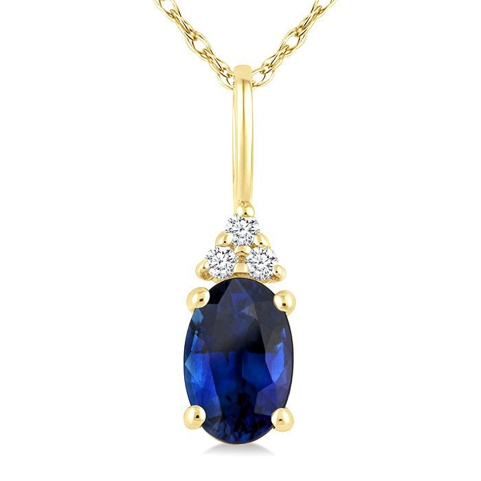1/50 Ctw Oval Cut 6X4 MM Sapphire and Round Cut Diamond Precious Pendant With Chain in 10K Yellow Gold