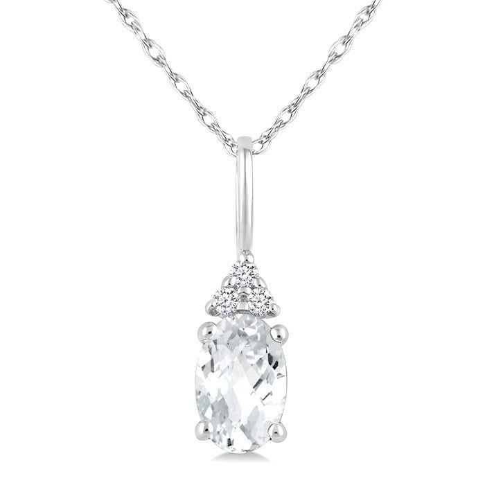 1/50 Ctw Oval Cut 6X4 MM White Topaz and Round Cut Diamond semi-precious Pendant With Chain in 10K White Gold