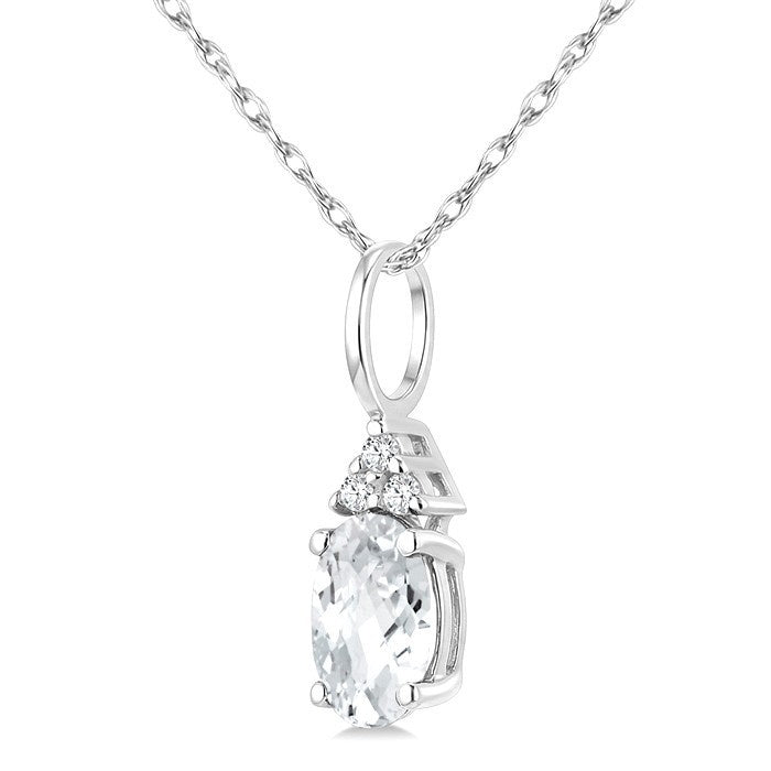 1/50 Ctw Oval Cut 6X4 MM White Topaz and Round Cut Diamond semi-precious Pendant With Chain in 10K White Gold
