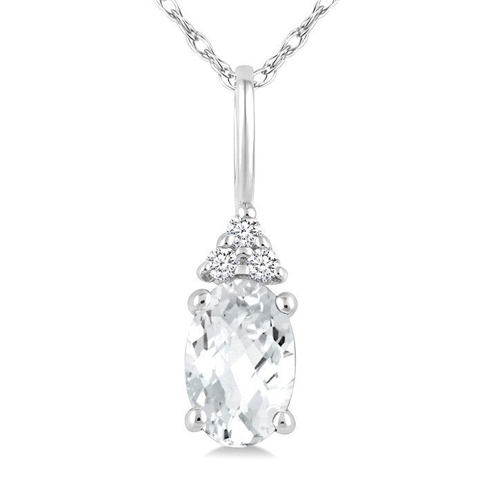 1/50 Ctw Oval Cut 6X4 MM White Topaz and Round Cut Diamond semi-precious Pendant With Chain in 10K White Gold