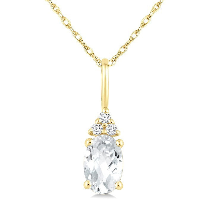 1/50 Ctw Oval Cut 6X4 MM White Topaz and Round Cut Diamond semi-precious Pendant With Chain in 10K Yellow Gold
