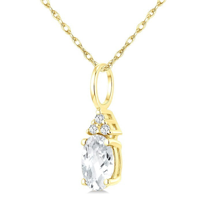 1/50 Ctw Oval Cut 6X4 MM White Topaz and Round Cut Diamond semi-precious Pendant With Chain in 10K Yellow Gold