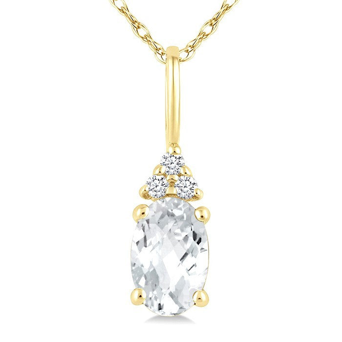1/50 Ctw Oval Cut 6X4 MM White Topaz and Round Cut Diamond semi-precious Pendant With Chain in 10K Yellow Gold