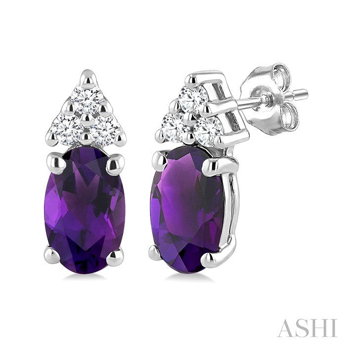 1/20 Ctw Oval Cut 5X3 MM Amethyst and Round Cut Diamond semi-precious Earrings in 14K White Gold